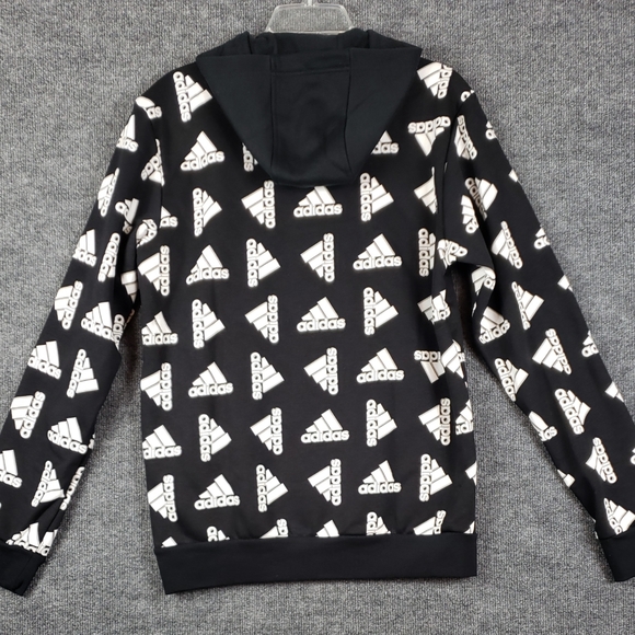adidas Men's All Over Print Fleece Hoodie Black White - Picture 2 of 8